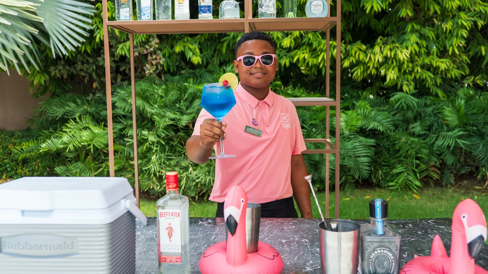 Bartender at the outdoor bar cart